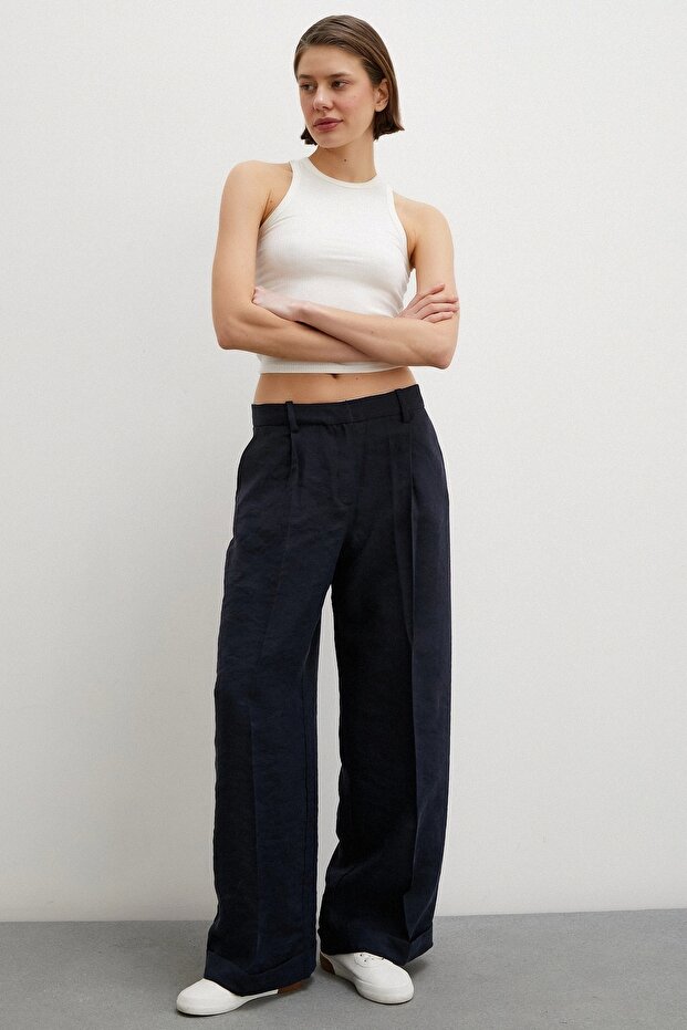 Wide Leg Palazzo Trousers Navy Blue