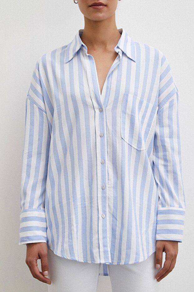 Oversize Cepli Keten Gömlek Mavi - 2