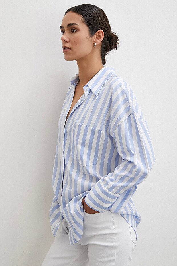 Oversize Cepli Keten Gömlek Mavi - 6