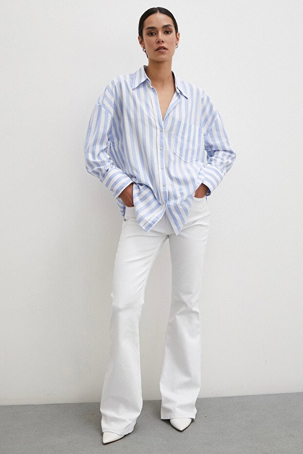 Oversize Cepli Keten Gömlek Mavi - 5