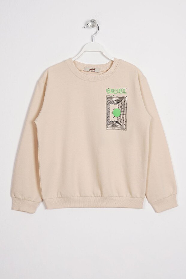 Stone Color Boys' Sweatshirt with Front and Back Digital Print Detail
