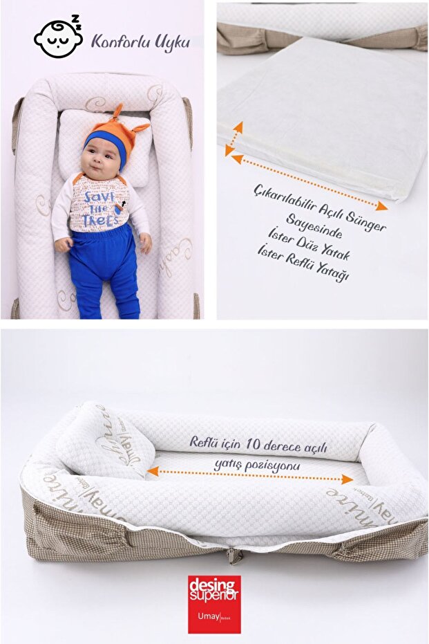 Umay Çantalı Taşınabilir Reflü Yatağı, Babynest, Anne Çantası - Dokuma Kahve - 2