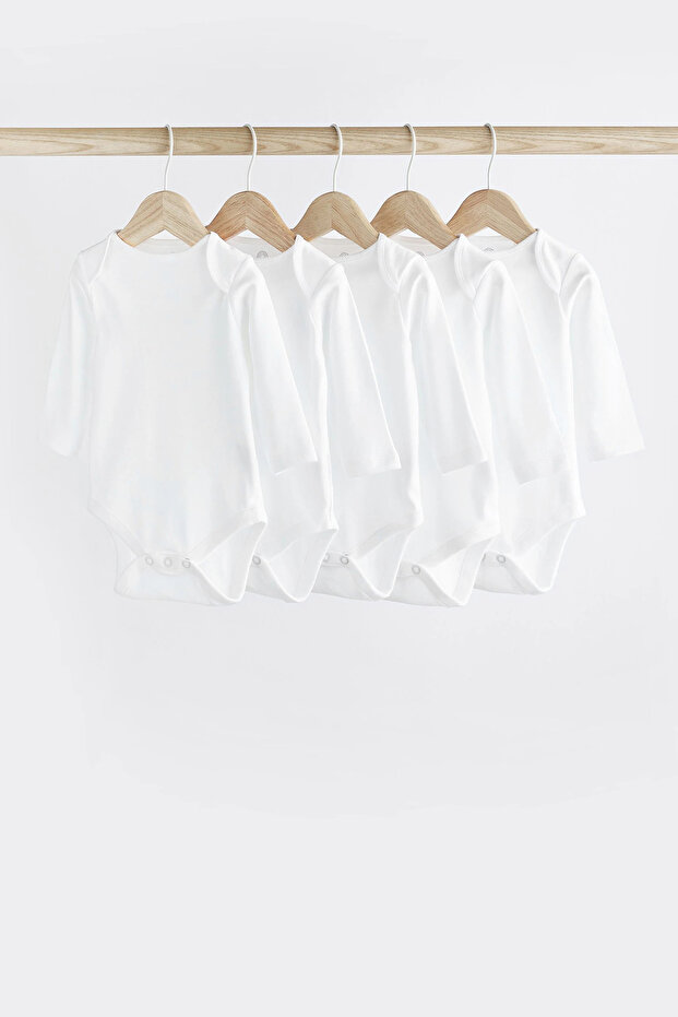 100% Organic Cotton White 5-Piece Long Sleeve Baby Bodysuit/Leotard Aly01671