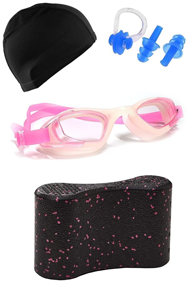 Adult Silicone Swimming Goggles Lycra Bonnet Earplug Nose Clip And Pull Buoy Set Full Set