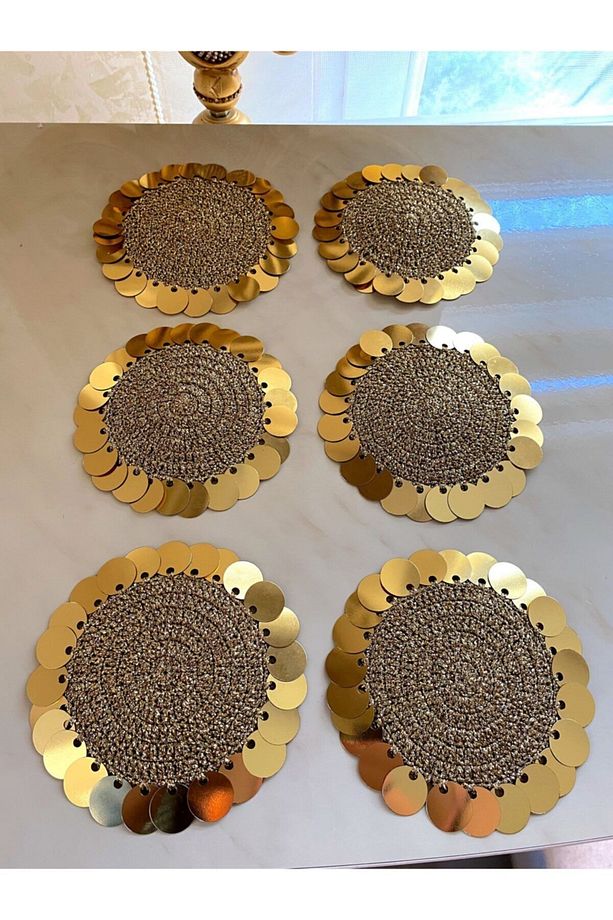 Gold Simli Ip, Gold Sarı Pullu Bardak Altı Peçetesi 6 .lı 6 Adet - 3
