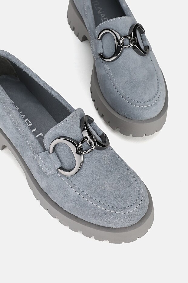 WOMEN'S GREY SUEDE GENUINE NATURAL LEATHER SIZE 36-41 BUCKLED LOAFERS