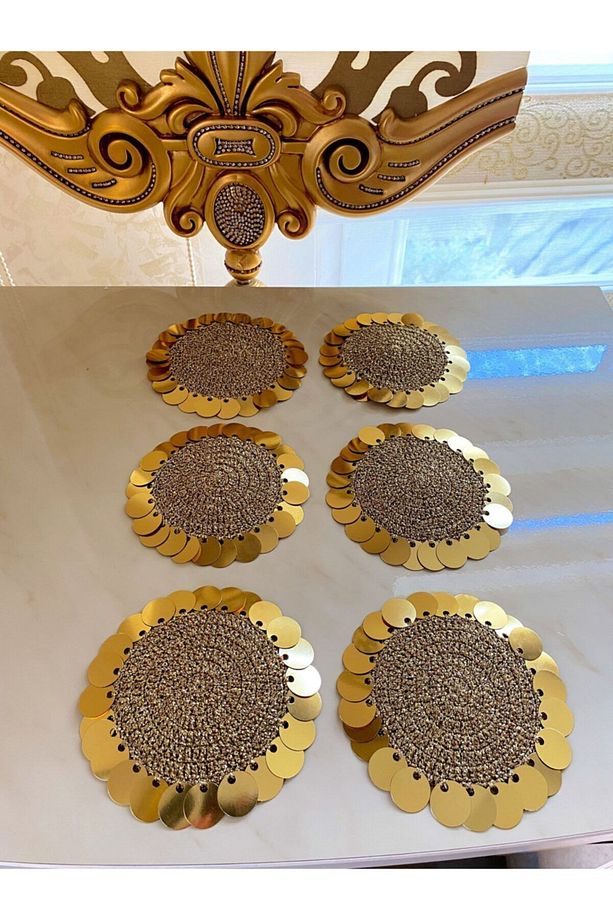 Gold Simli Ip, Gold Sarı Pullu Bardak Altı Peçetesi 6 .lı 6 Adet - 4
