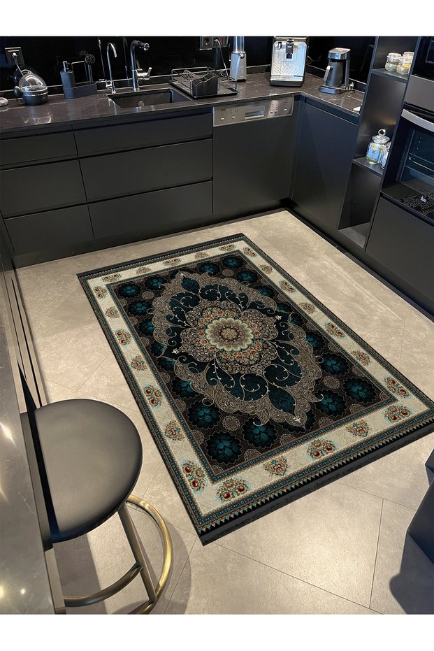 Beige Border Detailed Black Blue Antique Design Series Patterned Decorative Carpet Antique129