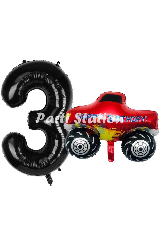 Monster Truck Balloon Set for 3-Year-Olds Cars Concept Monster Truck Balloon and Black Color Number Balloon