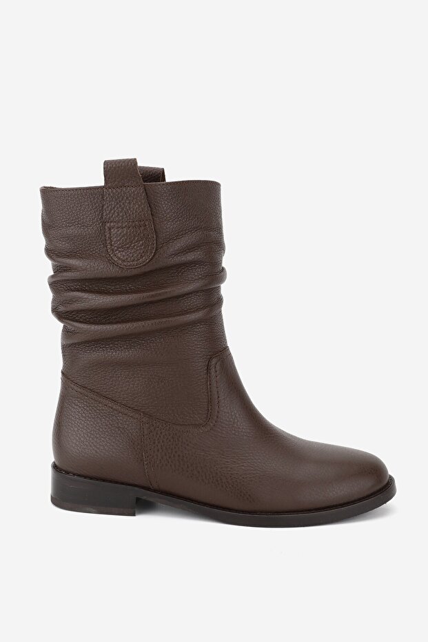 Women's Brown Genuine Leather 35-41 Size Bellowed Short Heel Boots & Booties