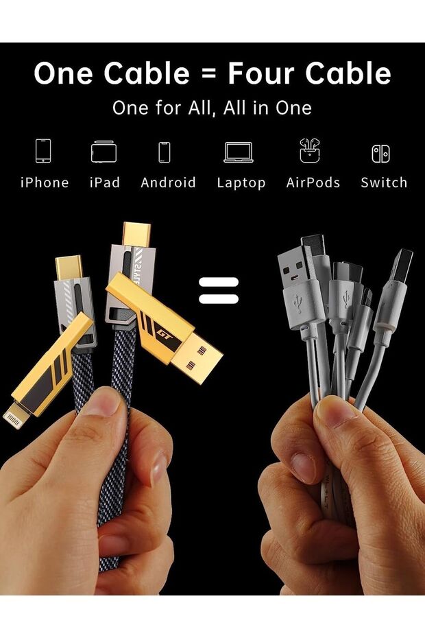 4'in1 Örgülü 1.5 Mt Usb-c Ve Lightning 5a 100w Hızlı Çoklu Şarj Ve Data Kablosu Çoklu Kombinasyon - 3