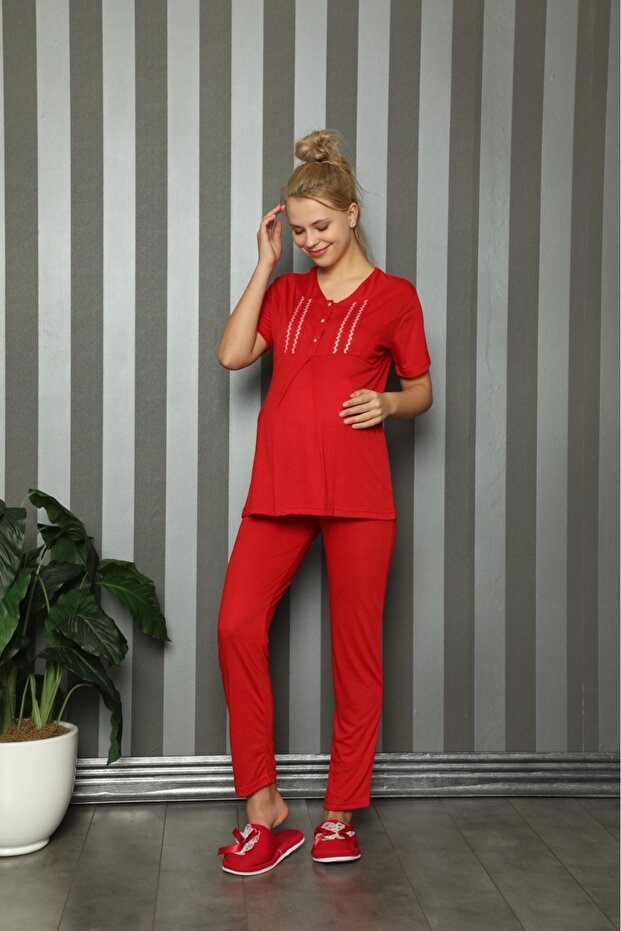 Short Sleeve Button Collar Maternity-Maternity Pajamas Set