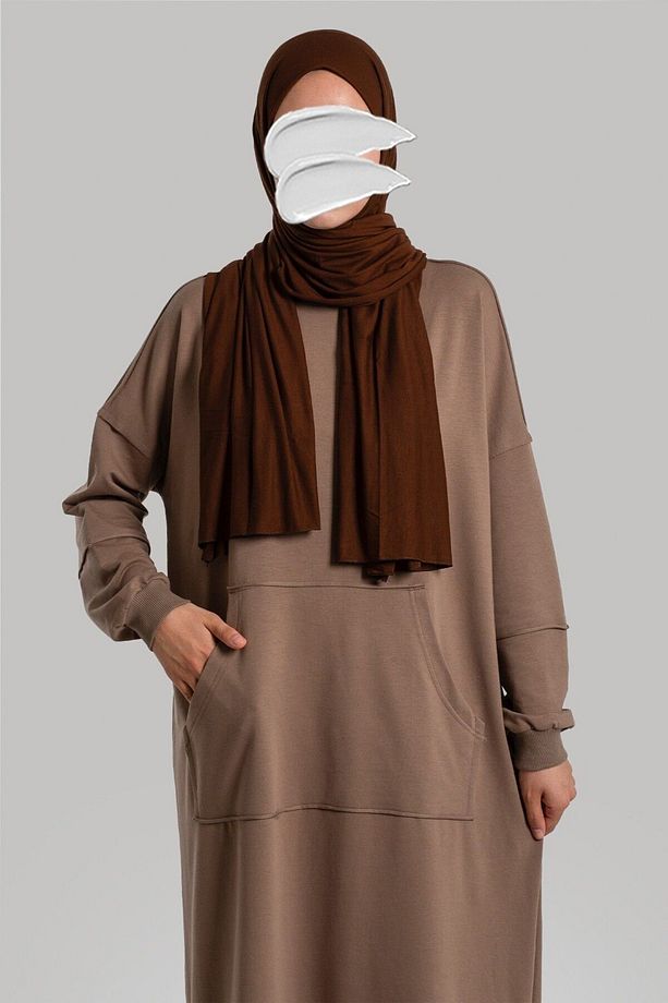 Kanguru Cep Spor Sweat Elbise - Açık Kahve - 3