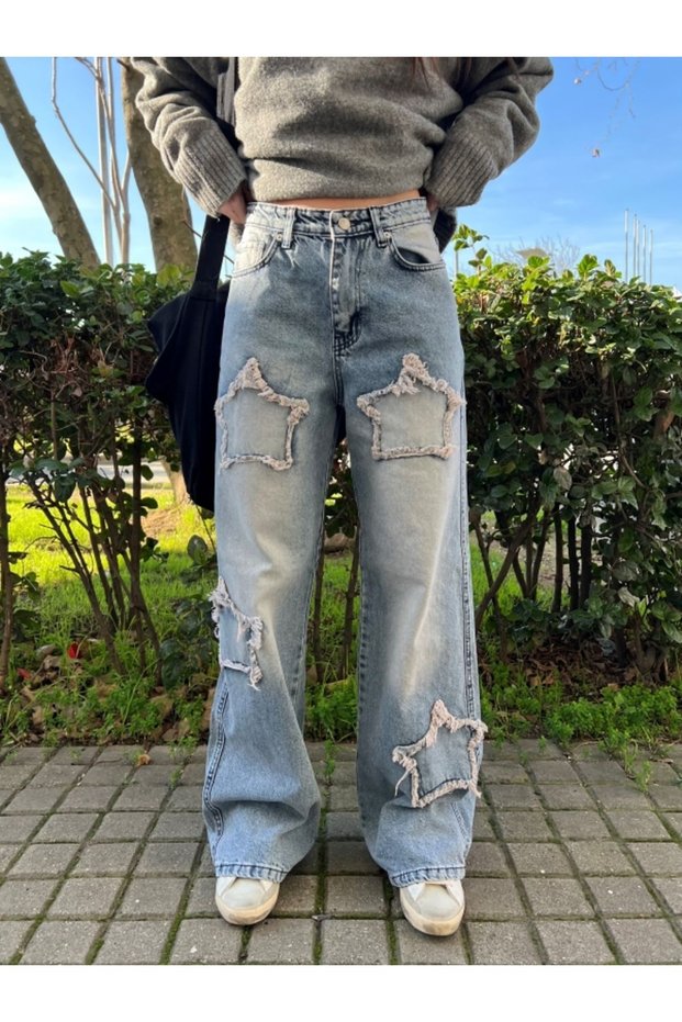 Y2K Stars Patch Detail Blue Snow Washed Trousers Day Light Star Detail Baggy Panth