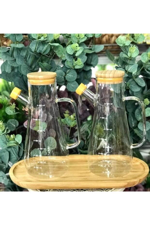 Bamboo Lid Vacuum Borosilicate Set of 3 Glass Oil Vinegar Bowl Bamboo Bottom
