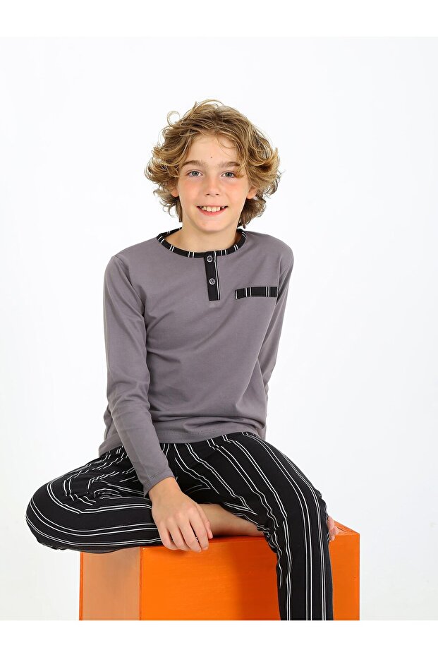Boy's Long Sleeve 100% Cotton Button Detailed Pajama Set Classic
