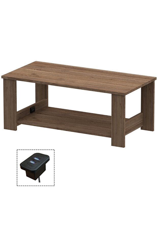 Modern 2-Tier Coffee Table w/ USB Port - Truffle Davos Oak, for Living, Study & Office
