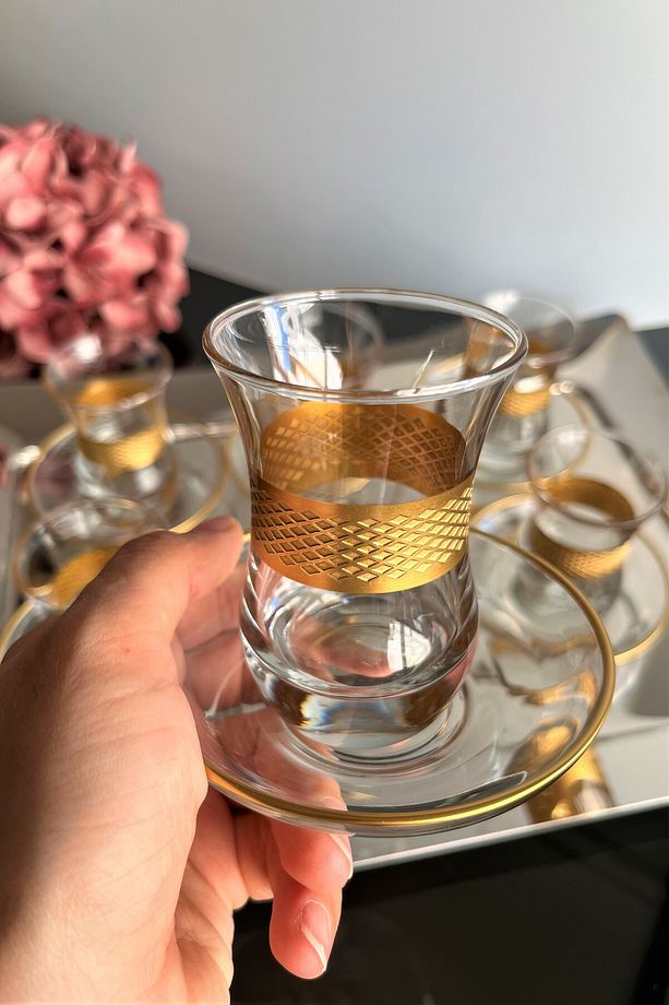 Hasır Desen İşlemeli Gold 12 Parça Çay Seti 100cc - 2
