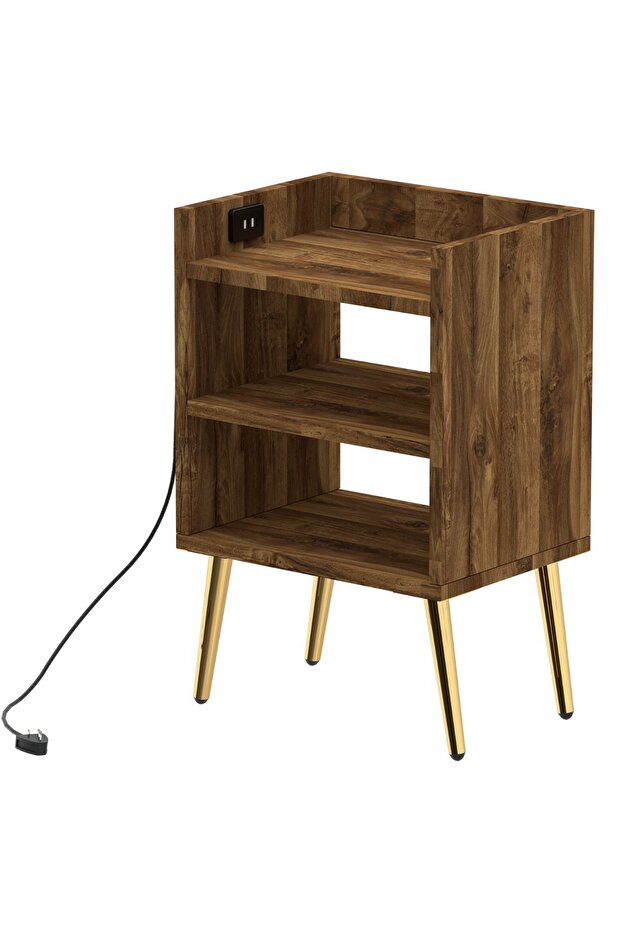 Modern Night Stand with USB Ports & 3 Open Shelves - Dark Hunton Oak, Easy Assembly