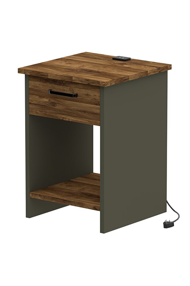 Modern Night Stand with USB Charging, Open Shelves, Drawer - Dark Oak & Grey