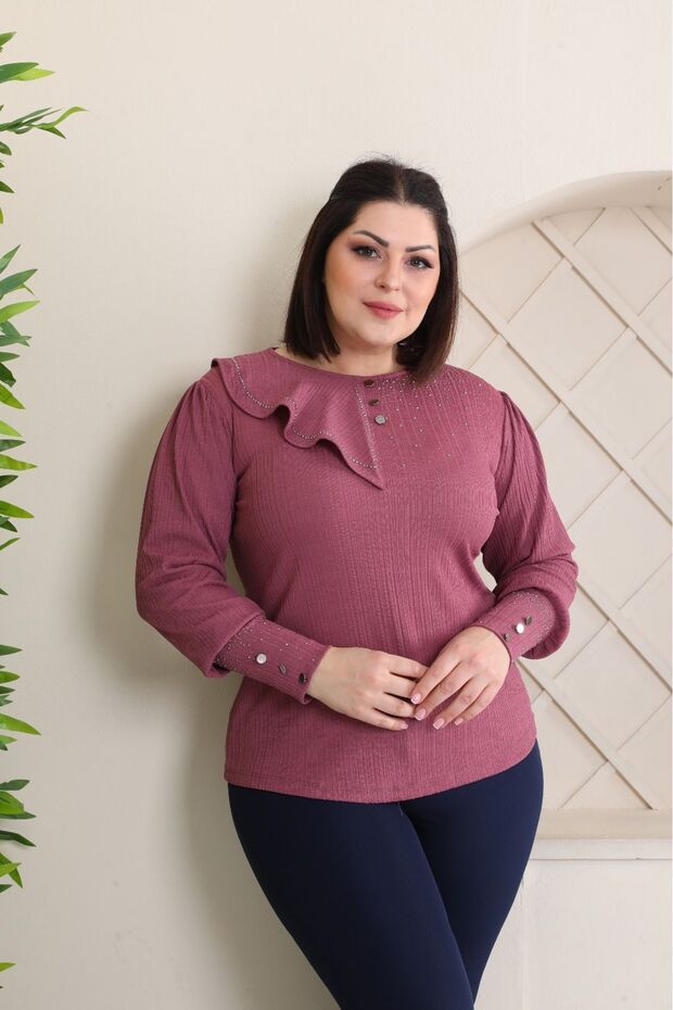 GÜNCÜOĞLU Slim Fit ROUND NECK EMBROIDERED CUFFS Viscose FABRIC SPORT BLOUSE