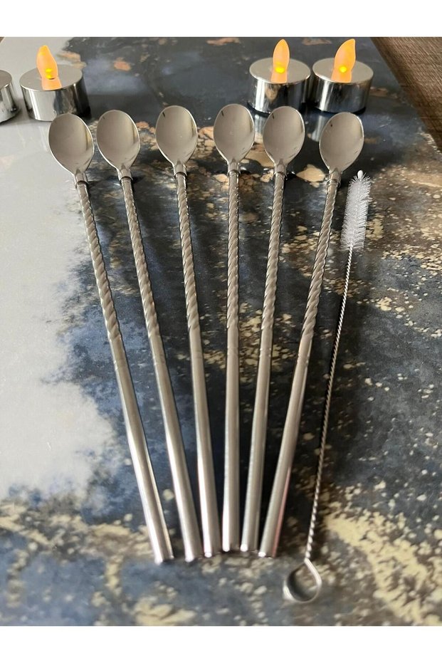 Set of 6 Stainless Chrome Straw Cocktail Bar Spoons and Cleaning Brush, Latte Spoon with Straw 22 Cm