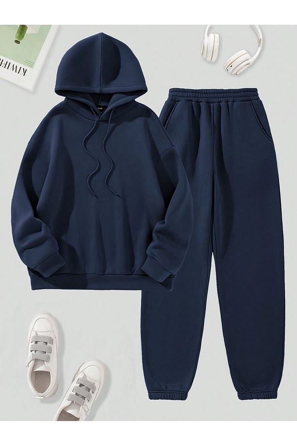 Baskısız Kışlık Eşofman Takımı Sweatshirt Eşofman Altı - 1