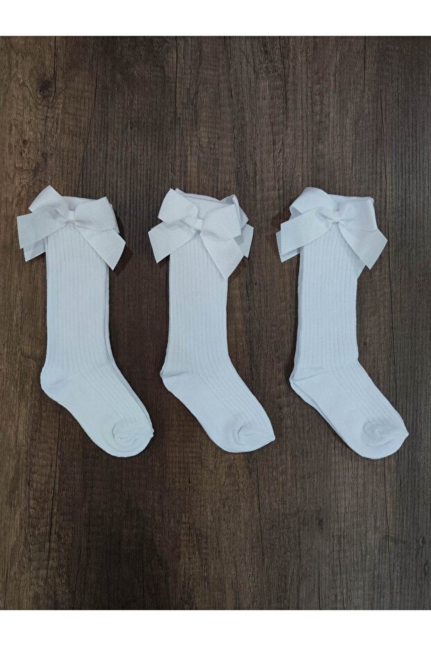 Girl's 3 Pairs of Accessory Bow Cotton Knee-Cuff Socks