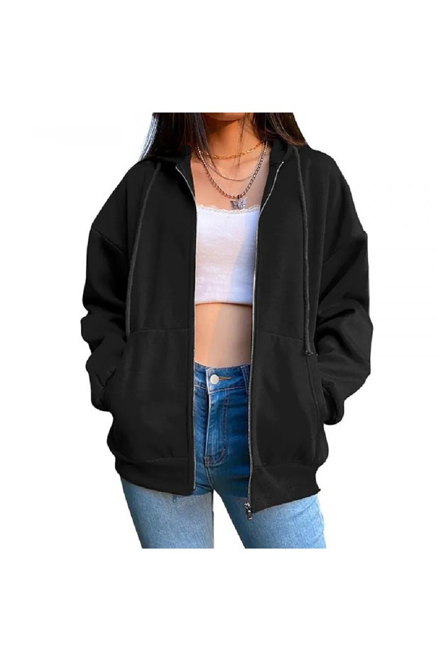 Unisex Black Oversize Ribbed Zippered Cardigan