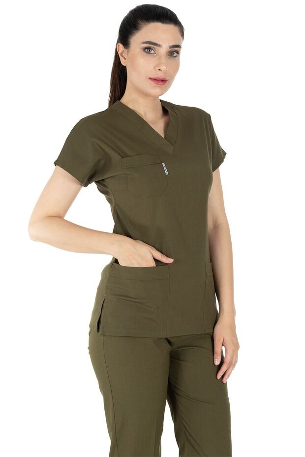 Khaki Lycra Thick Fabric Scrubs Doctor Nurse Jersey Bat Sleeve Surgical Suit