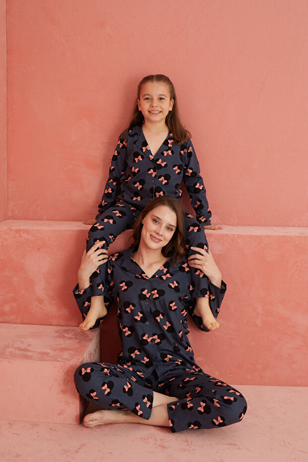 Füme Kurdele Desenli Uzun Kollu Örme Önden Düğmeli Pijama Takımı - 1