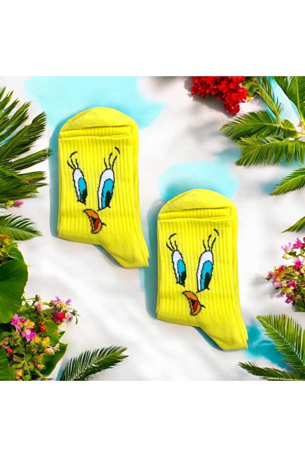 Tweety Cartoon Character Patterned College Socks Yellow