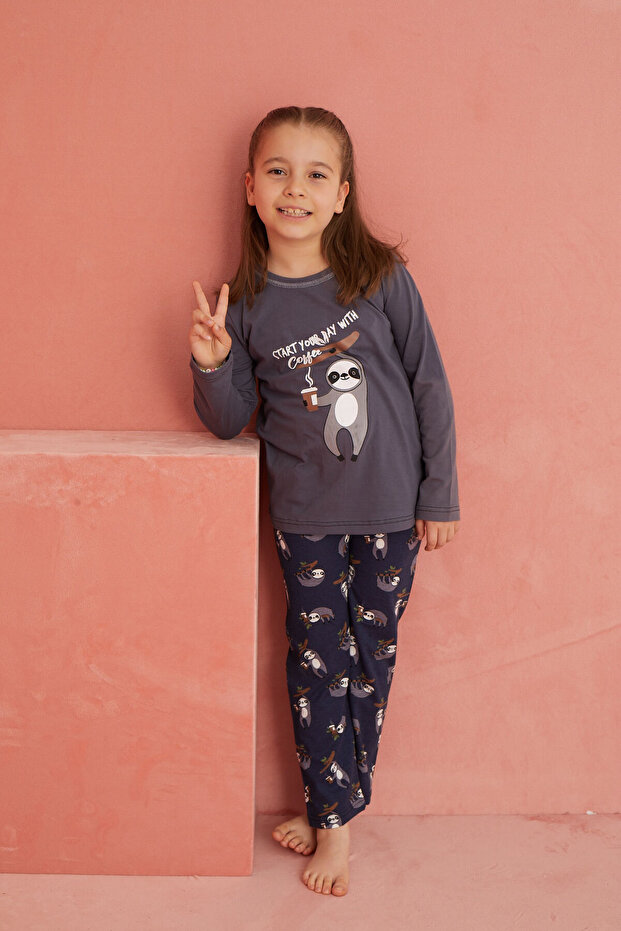 Füme Koala Baskılı Desenli Uzun Kollu Örme Pijama Takımı - 3