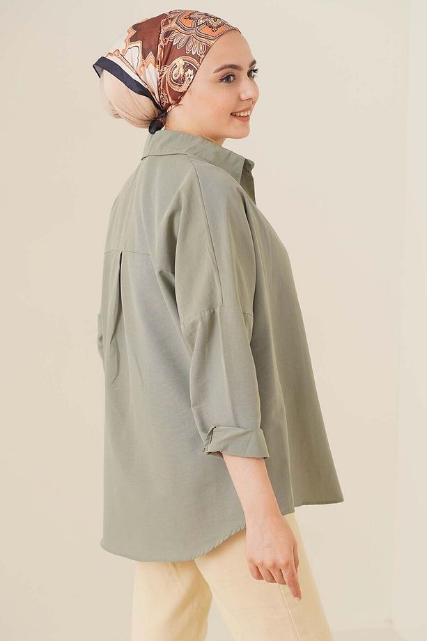 103901 Oversize Basic Tesettür Gömlek - Haki - 3