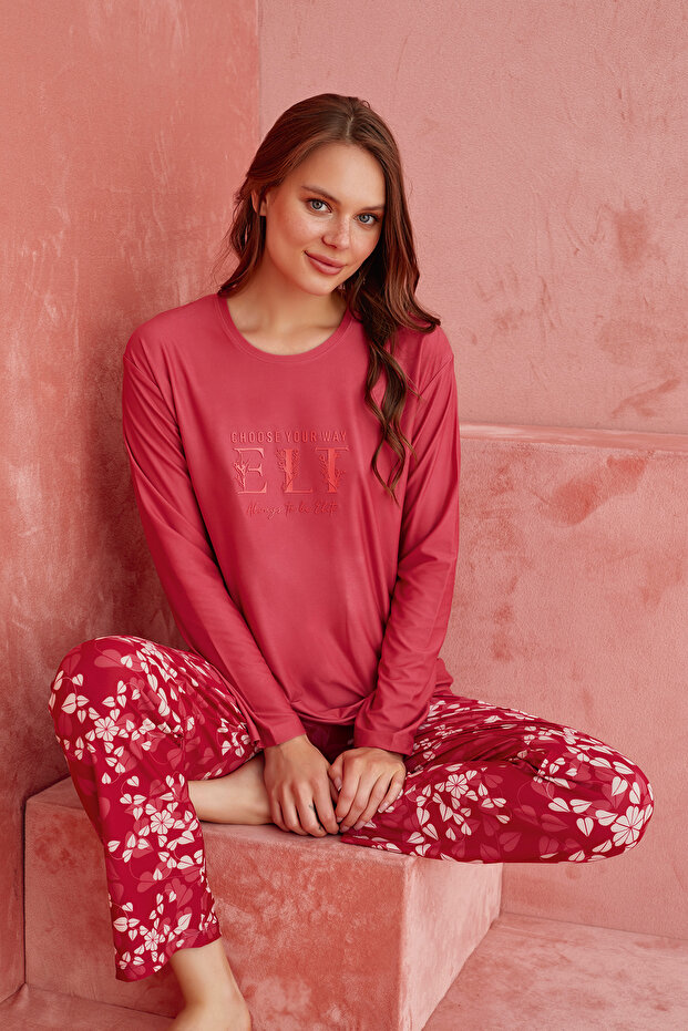 Bordo Elt Çiçek Desenli Uzun Kollu Örme  Pijama Takımı - 1