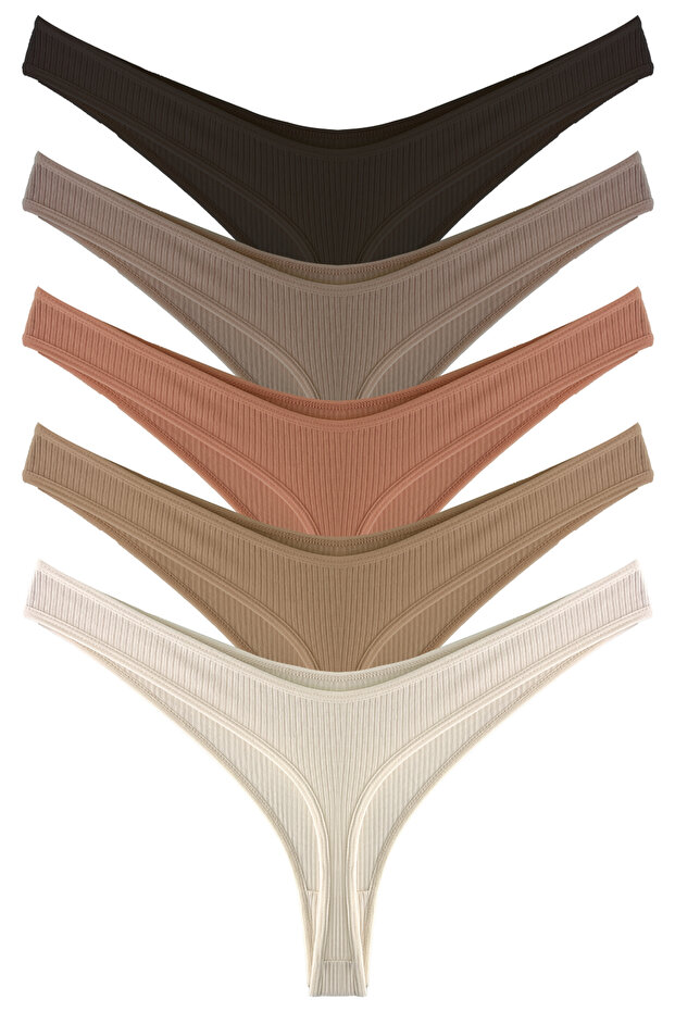 Women's Cotton and Stretch Ribbed Knit Bodysuit Thong Panties 5-Pack-2
