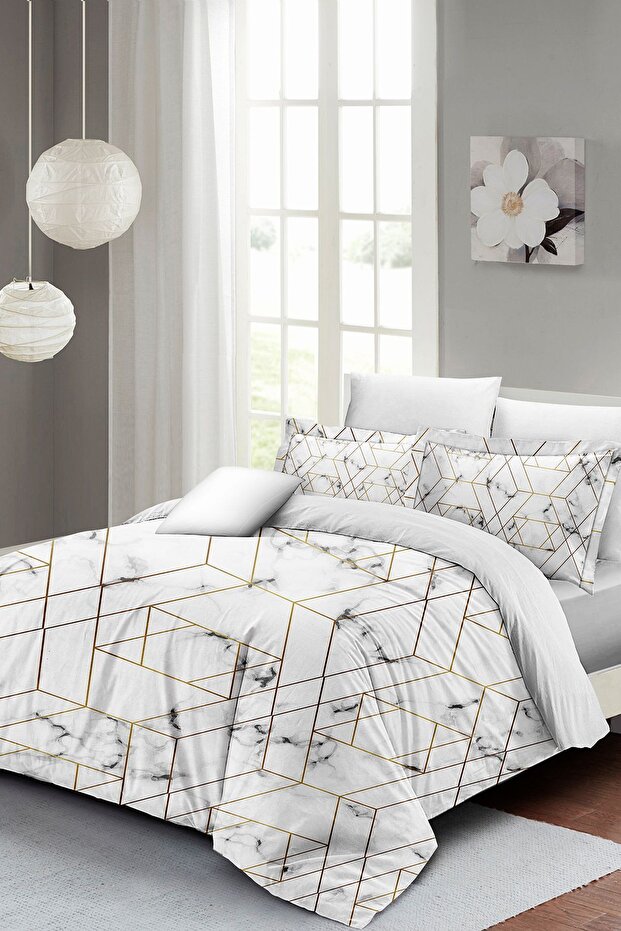 Cotton Satin Double Duvet Cover Set with Elastic Sheets Marble Geo