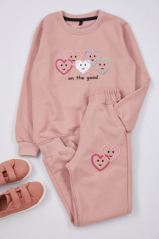 Gül Kurusu Pamuklu Kalp Baskılı Örme Kız Çocuk Sweatshirt ve Eşofman Alt-Üst Takım TKDAW25AU00077 - 3