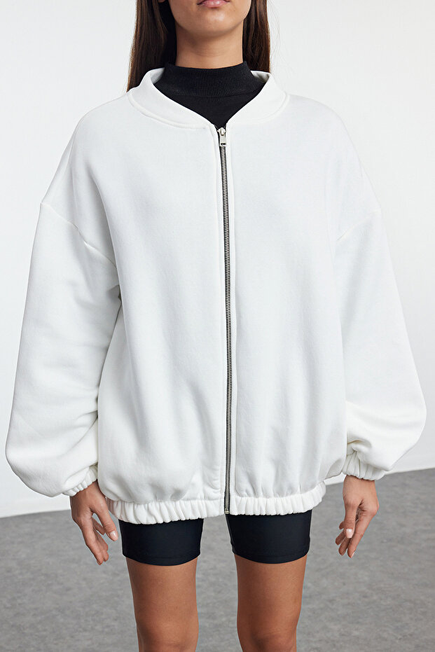 Ekru Fermuarlı Oversize/Geniş Kalıp Kalın İçi Polarlı Örme Sweatshirt TWOAW25SW00122 - 3
