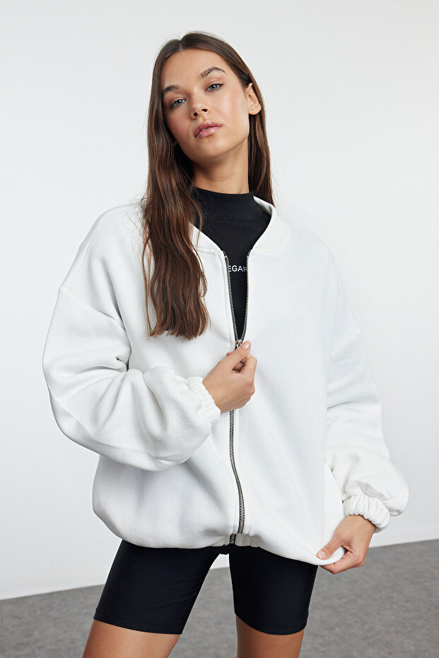 Ekru Fermuarlı Oversize/Geniş Kalıp Kalın İçi Polarlı Örme Sweatshirt TWOAW25SW00122 - 1