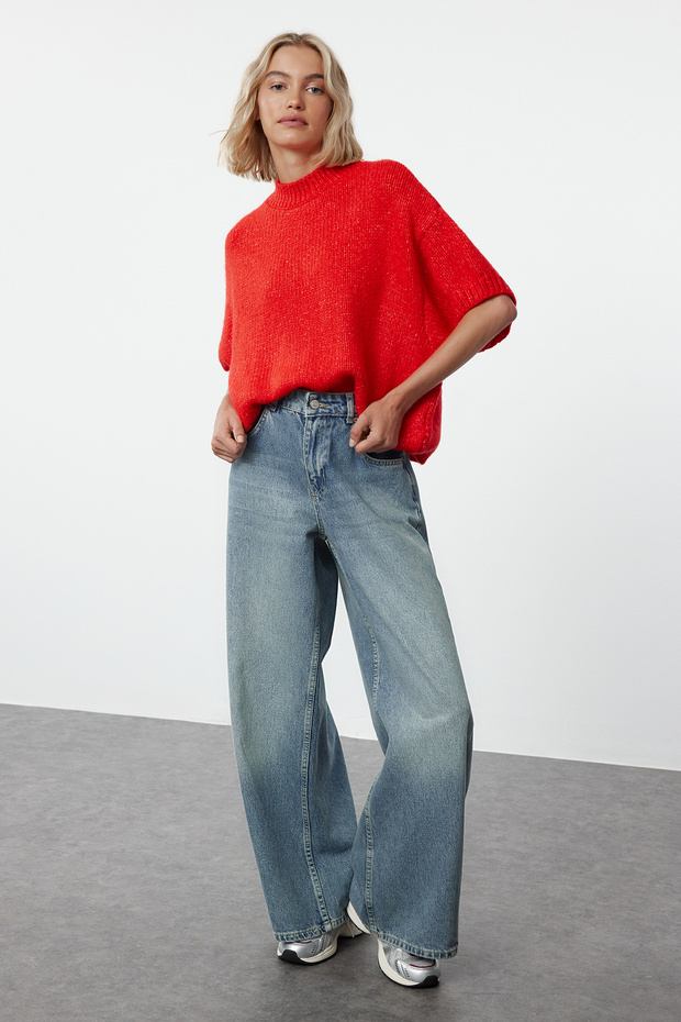 Roter, weiter, weicher, strukturierter Strickpullover TWOAW25KZ00021 - 2