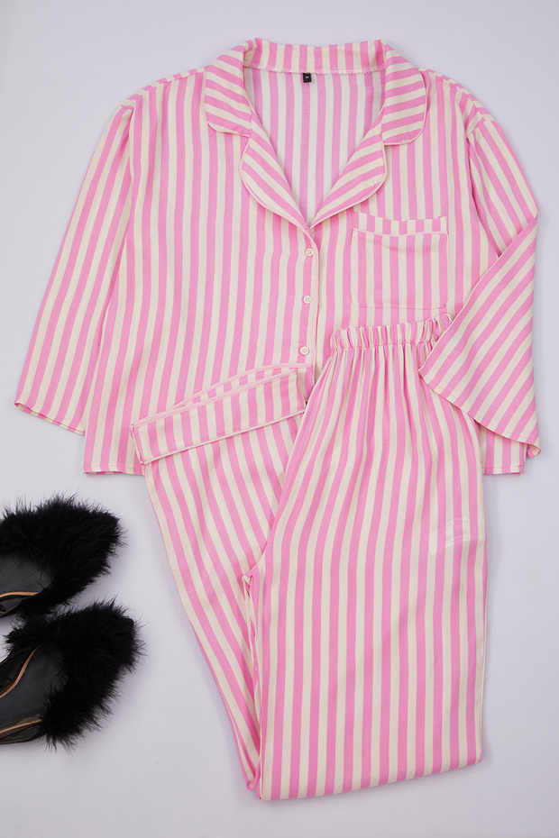 Pembe-Çok Renkli Çizgili Biyeli Viskon Dokuma Pijama Takımı THMAW21PT0292 - 2