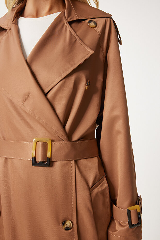 Brauner Saison-Trenchcoat – mit Schnalle und Gürtel, FN03292 - 6