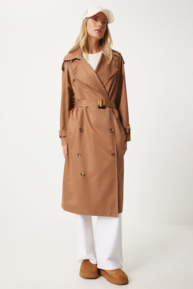 Brauner Saison-Trenchcoat – mit Schnalle und Gürtel, FN03292 - 4