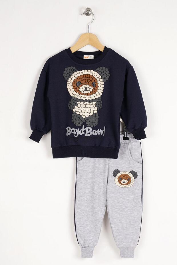 Crew Neck Long Sleeve Teddy Bear Printed Long Sleeve Navy Blue Color Boy's Two-Piece Set