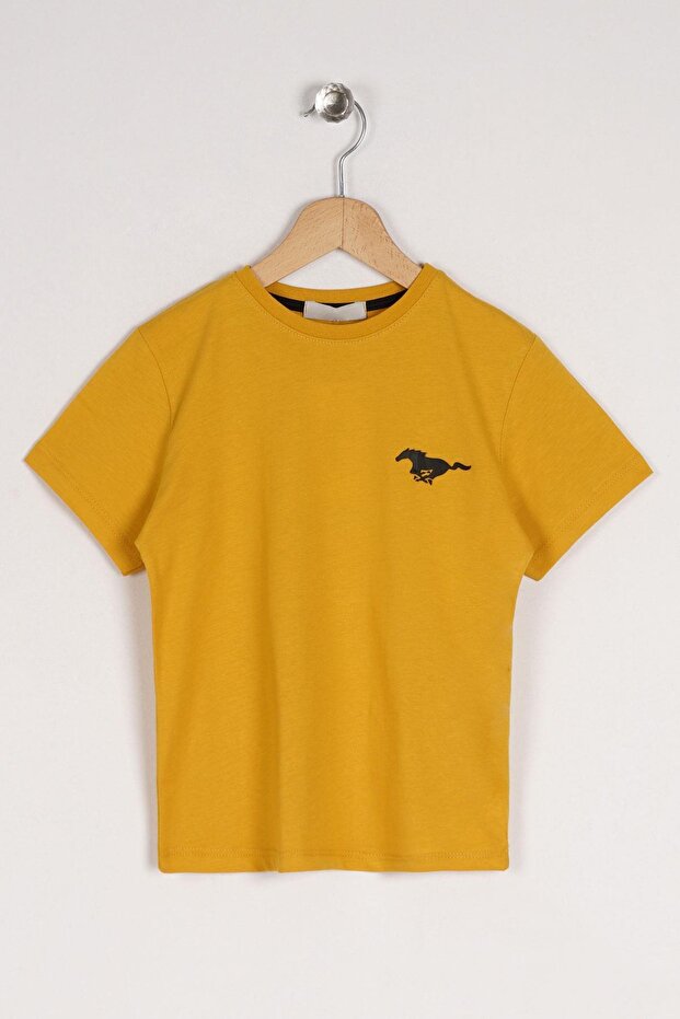 Crew Neck Short Sleeve Printed Mustard Color Boy's T-shirt