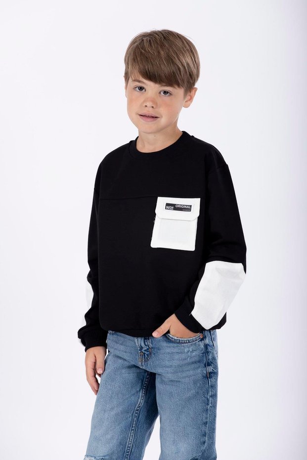Crew Neck Long Sleeve Pocket Detailed Sweat Black Color Boy's Sweatshirt