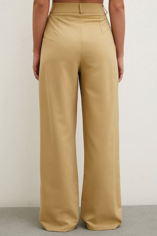 Boru Paça Yüksek Bel Keten Pantolon Camel - 6