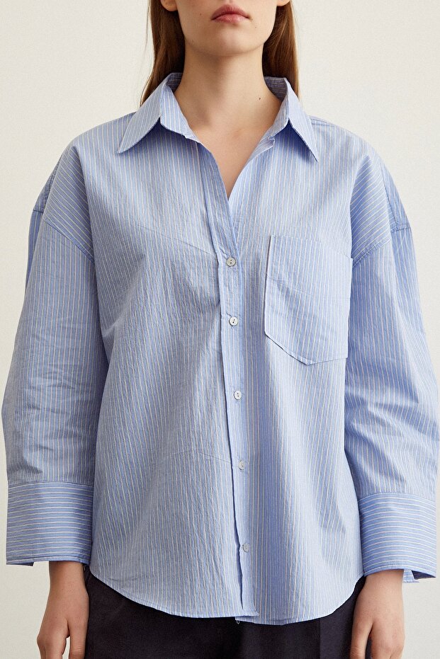 Çizgili Oversize Gömlek Mavi - 2