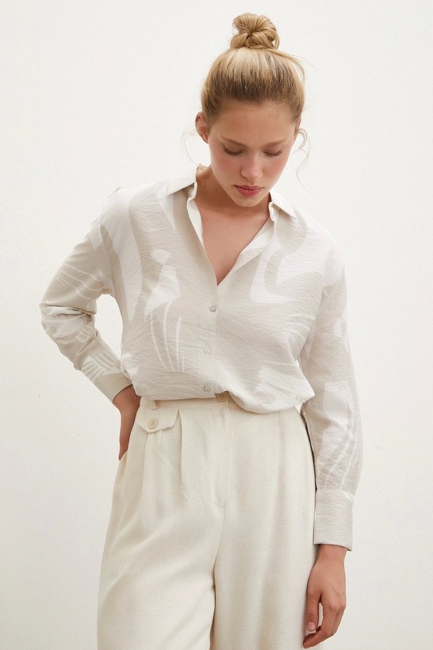 V Yaka Modal  Gömlek Bej - 5